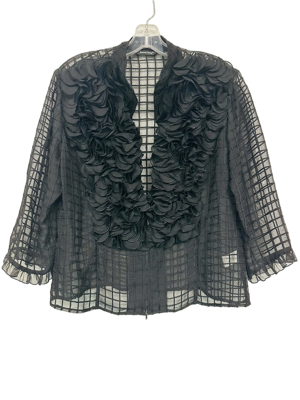 Samuel Dong Black Organza Ruffle Jacket Sheer Grid Zip Front M L layering jacket